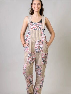 Patchwork Mushroom Print Overalls in Beige and Pink